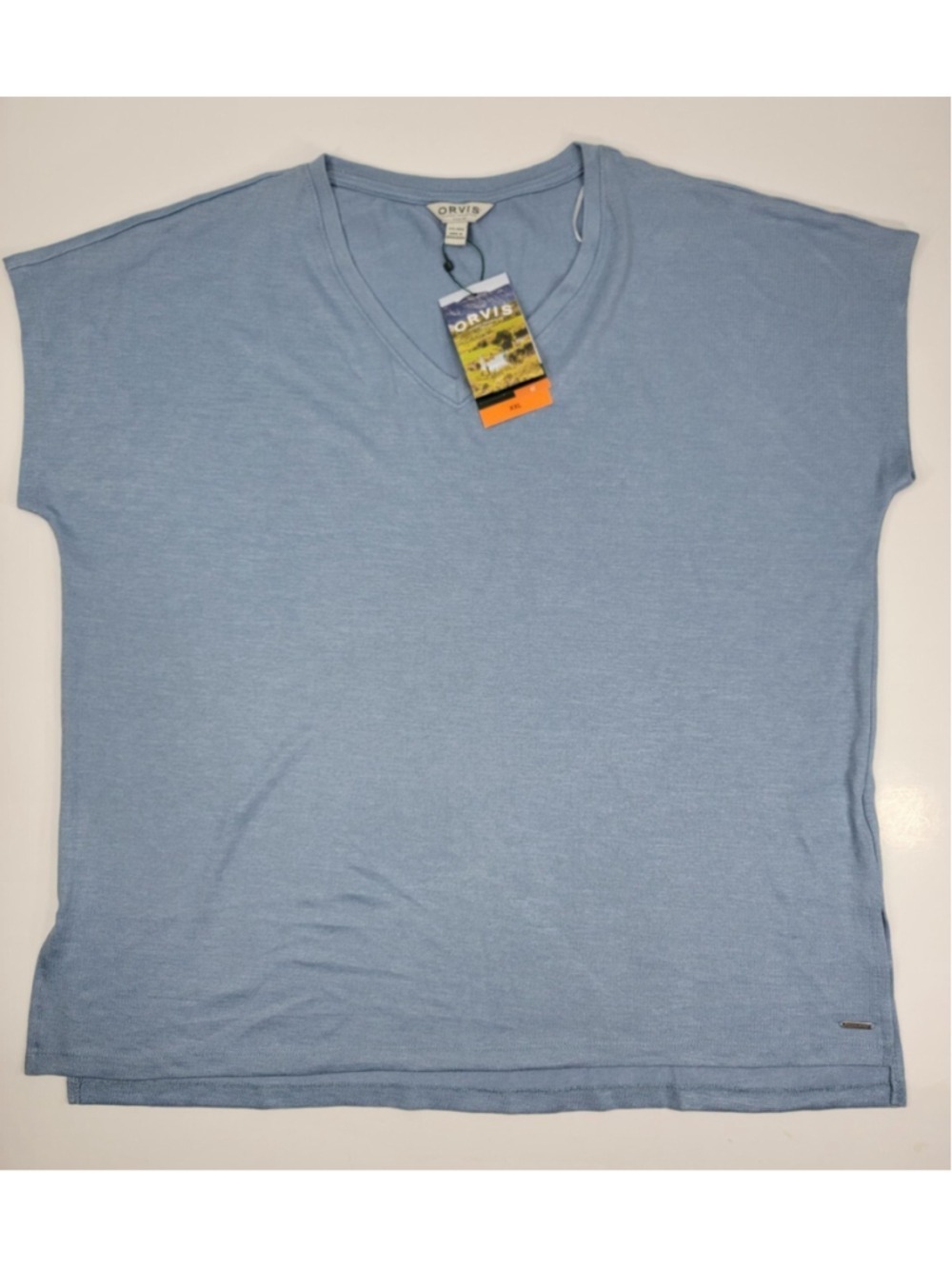 NEW Orvis Women's Tunic Knit Top V-Neck Short Sleeves Side Slit Blue XXL 2XL NWT